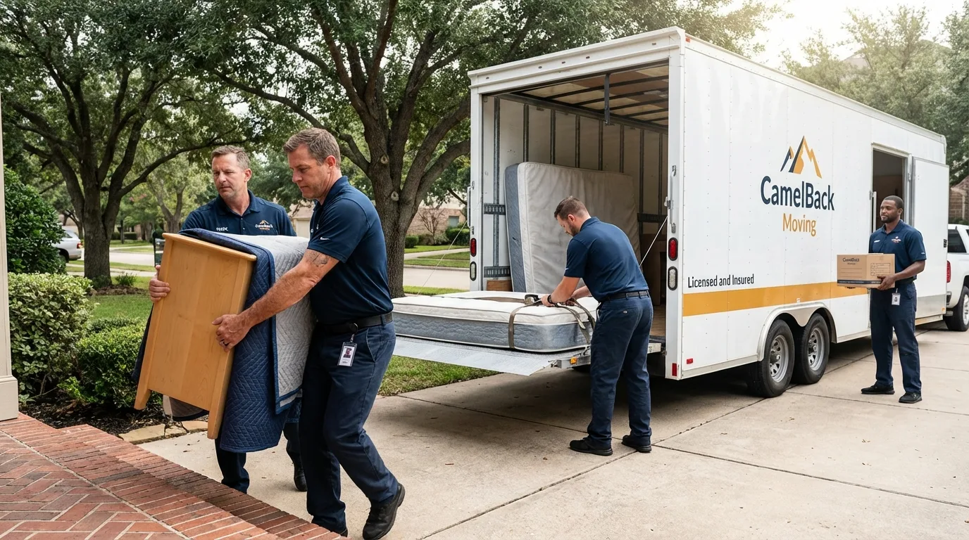 Crew loading residential truck for cross-state move from Mountain Ranch, CA
