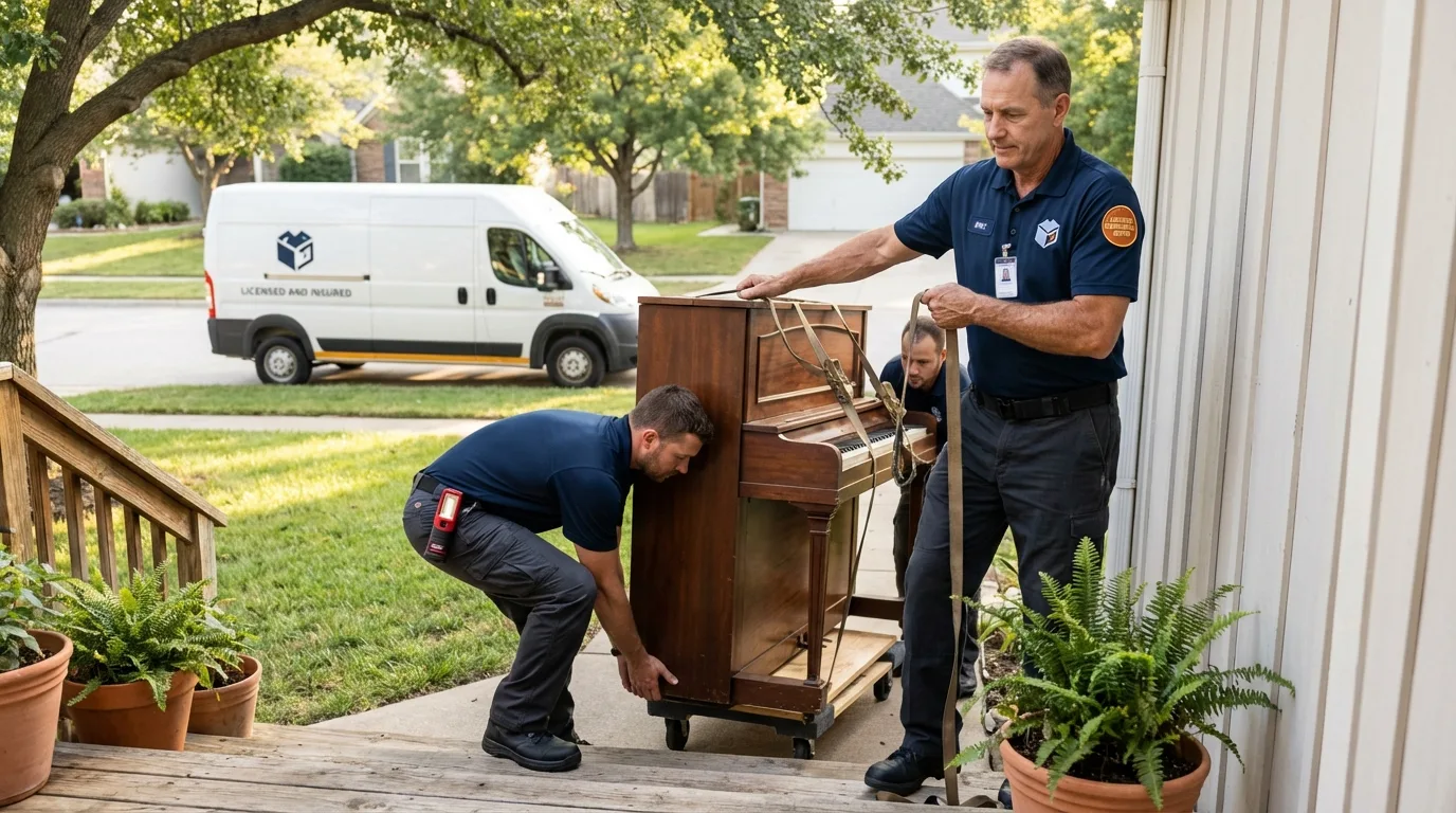 Licensed piano movers securing grand piano in Mountain Ranch, CA