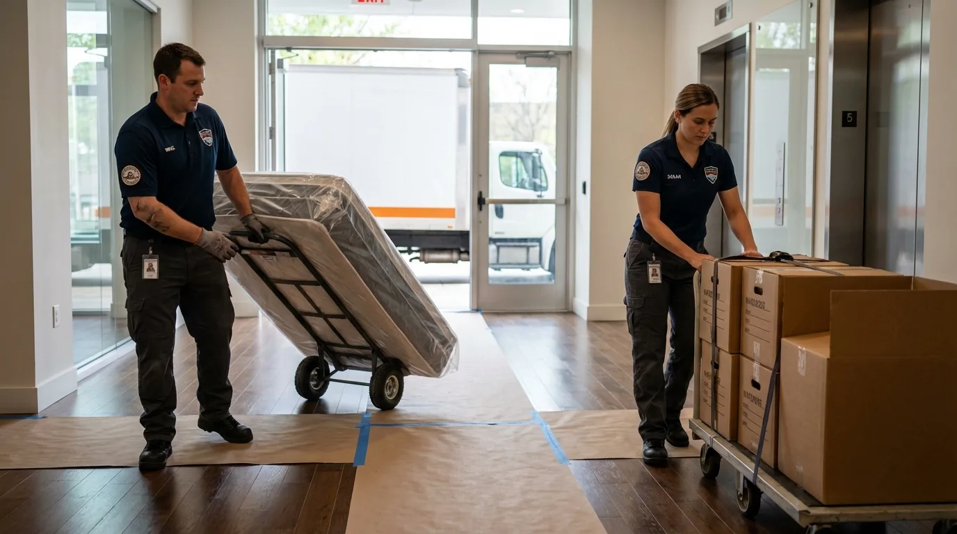 Professional apartment movers loading elevator in Mountain Ranch, CA