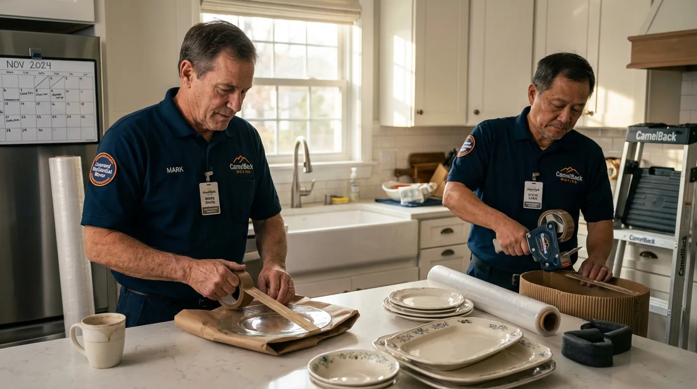 Professional crew packing kitchen dishware in Mountain Ranch, CA